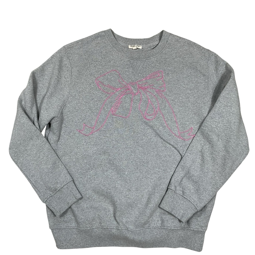 Good Vibes Only Pink Bow Embroidered Sweatshirt Gray Grey Women's